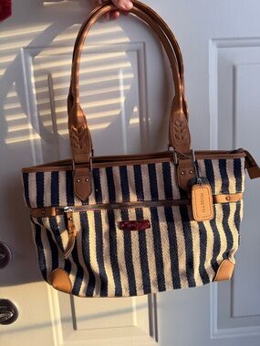 Rosetti Navy and Cream Striped Tote with Tan Leather Trim